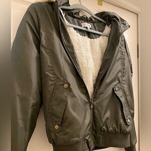 Green Bomber Jacket, Faux Fur Hood, Size M